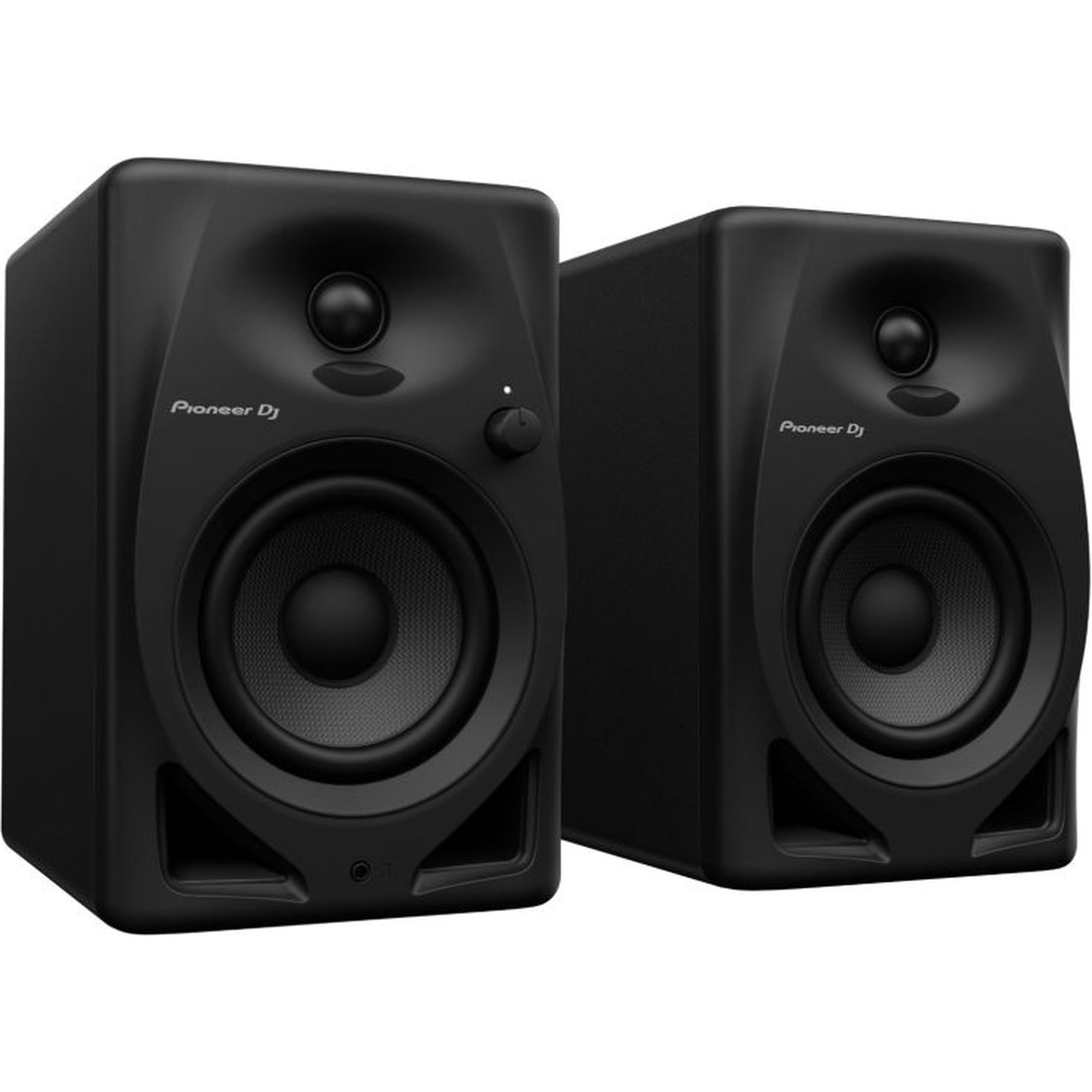 Pioneer DJ DM-40D desktop speakers with black finish, featuring compact design and front-facing bass port for studio audio.