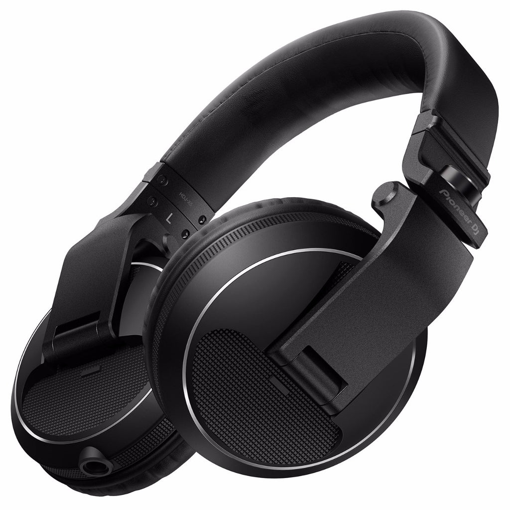 Pioneer DJ HDJ-X5 DJ headphones with over-ear design and adjustable headband, black color, showing ear cups and headband details.