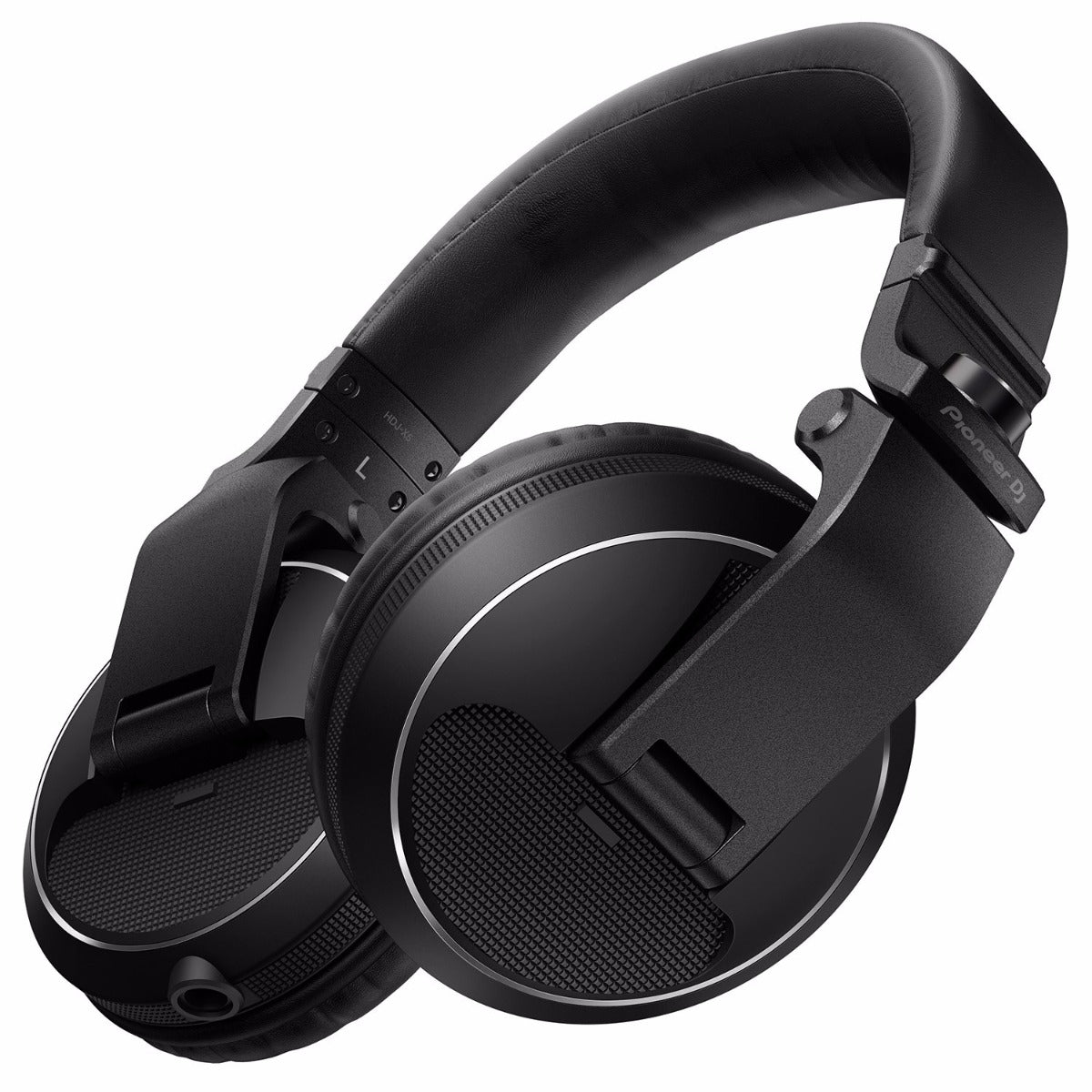 Pioneer DJ HDJ-X5 DJ headphones with over-ear design and adjustable headband, black color, showing ear cups and headband details.