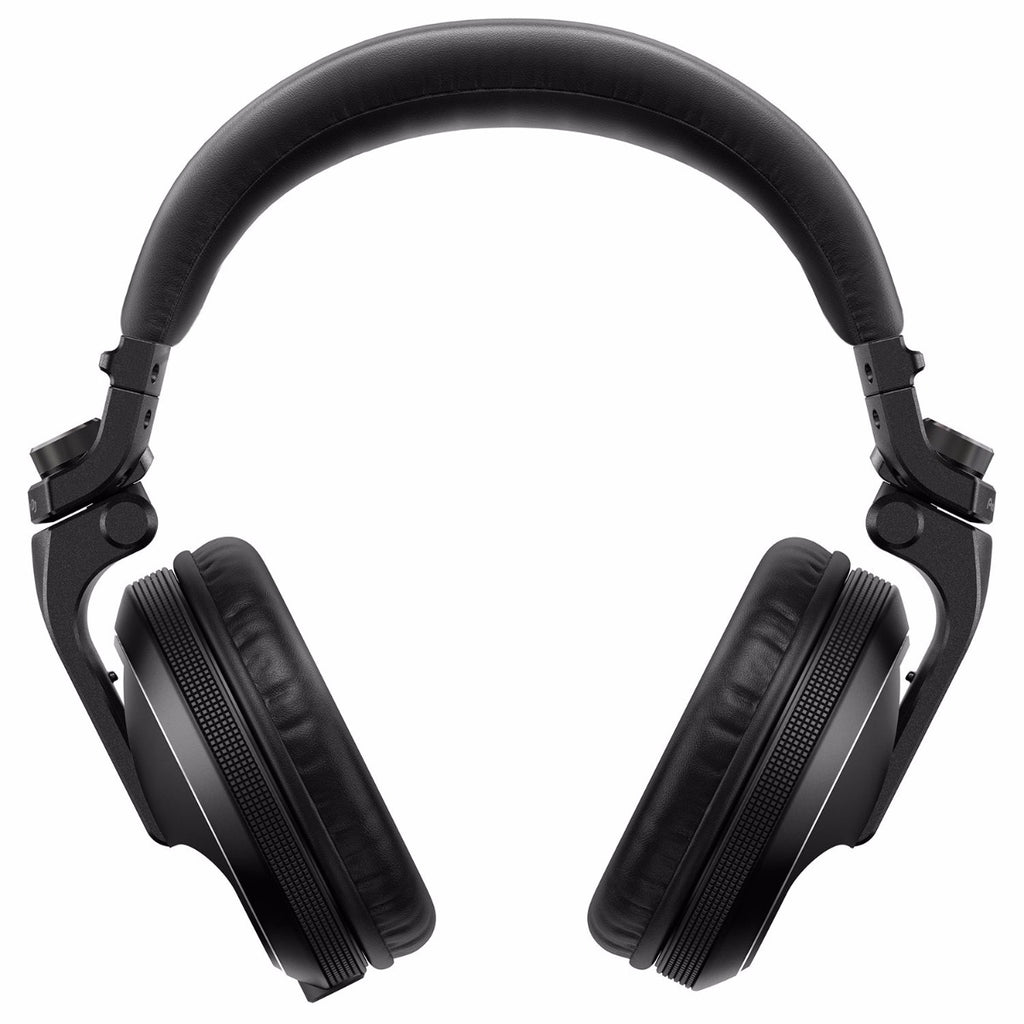 Pioneer DJ HDJ-X5 DJ headphones with black ear cups and headband, featuring adjustable ear cups and padded headband for comfort