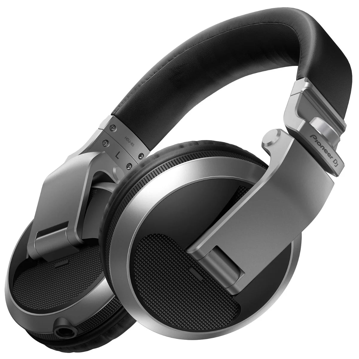 Pioneer DJ HDJ-X5 DJ headphones with over-ear design, black color, and adjustable headband, shown in a side view.