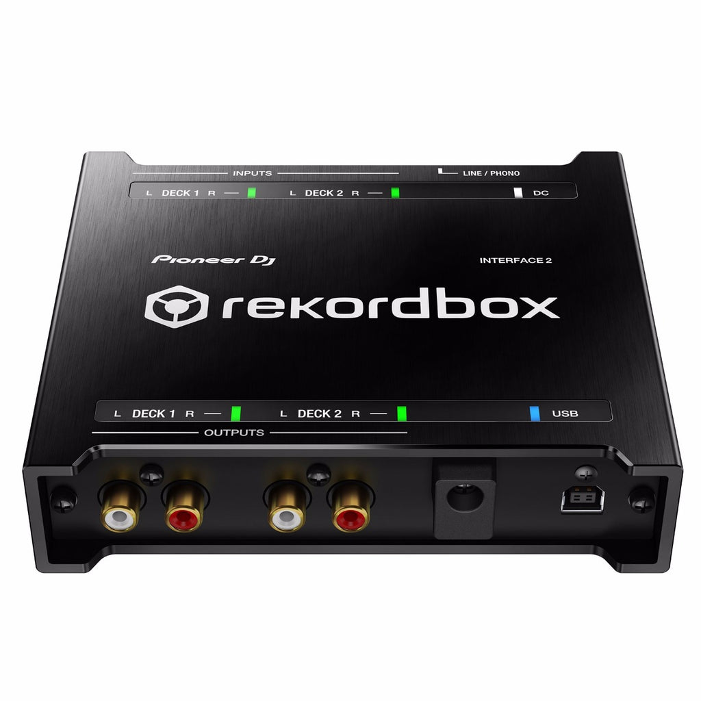 Pioneer DJ Interface 2 digital vinyl system with sleek black design and multiple input/output ports for DJ setup.