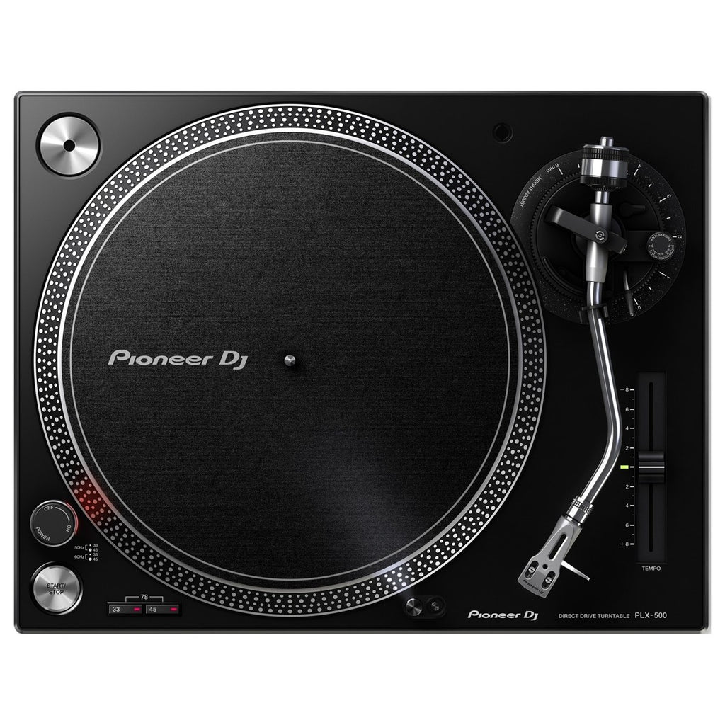 Pioneer DJ PLX-500 DJ turntable with black finish, featuring a tonearm, control knobs, and turntable platter for vinyl mixing.