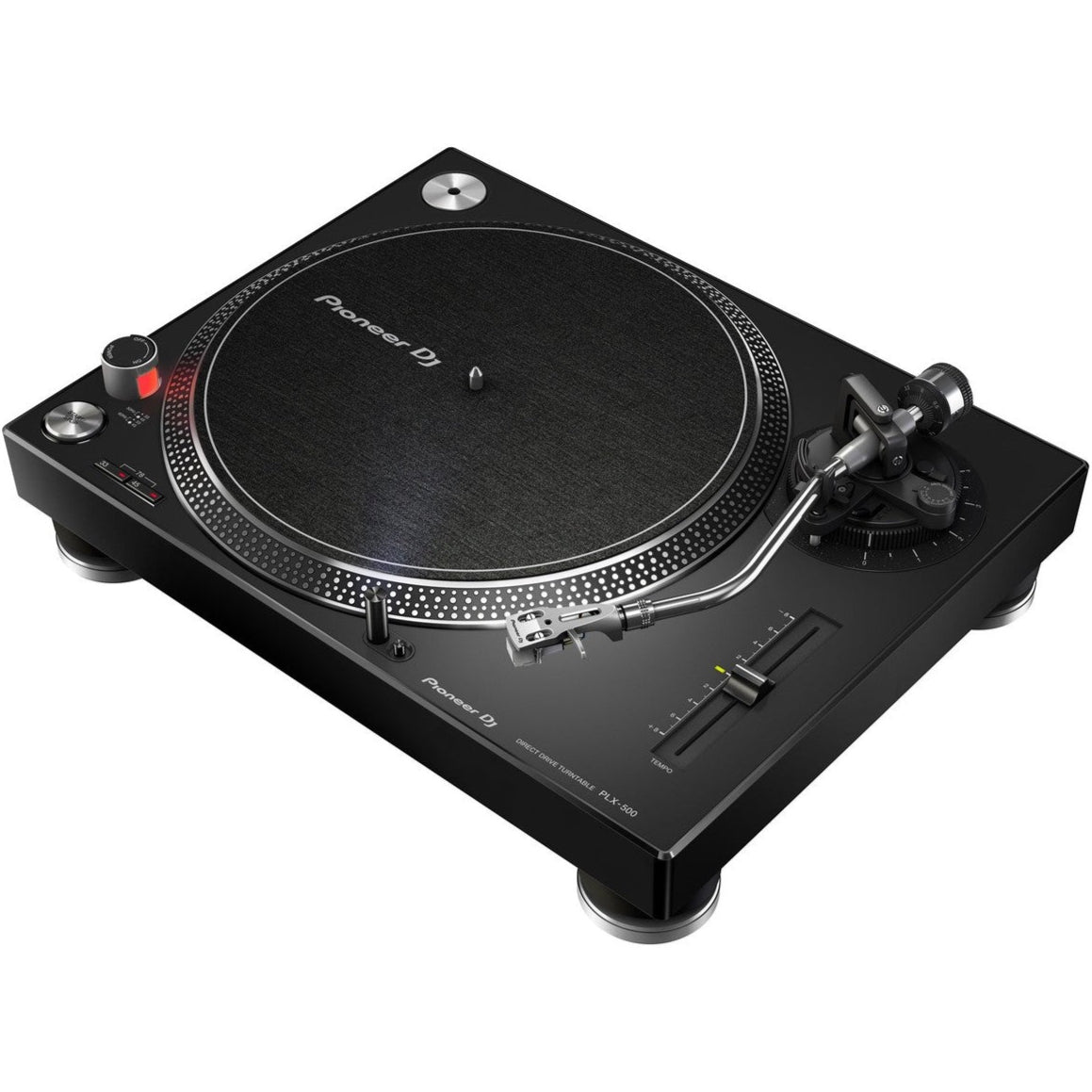 Pioneer DJ PLX-500 DJ turntable with pitch control and slip mat, black color, designed for professional and amateur DJs.