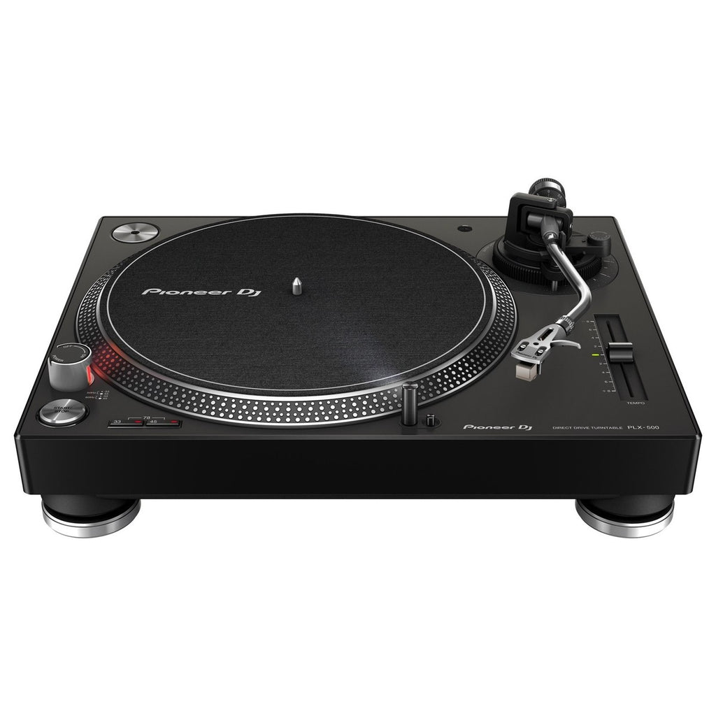 Pioneer DJ PLX-500 professional DJ turntable with tonearm and control buttons, black finish, designed for DJ mixing and scratching.