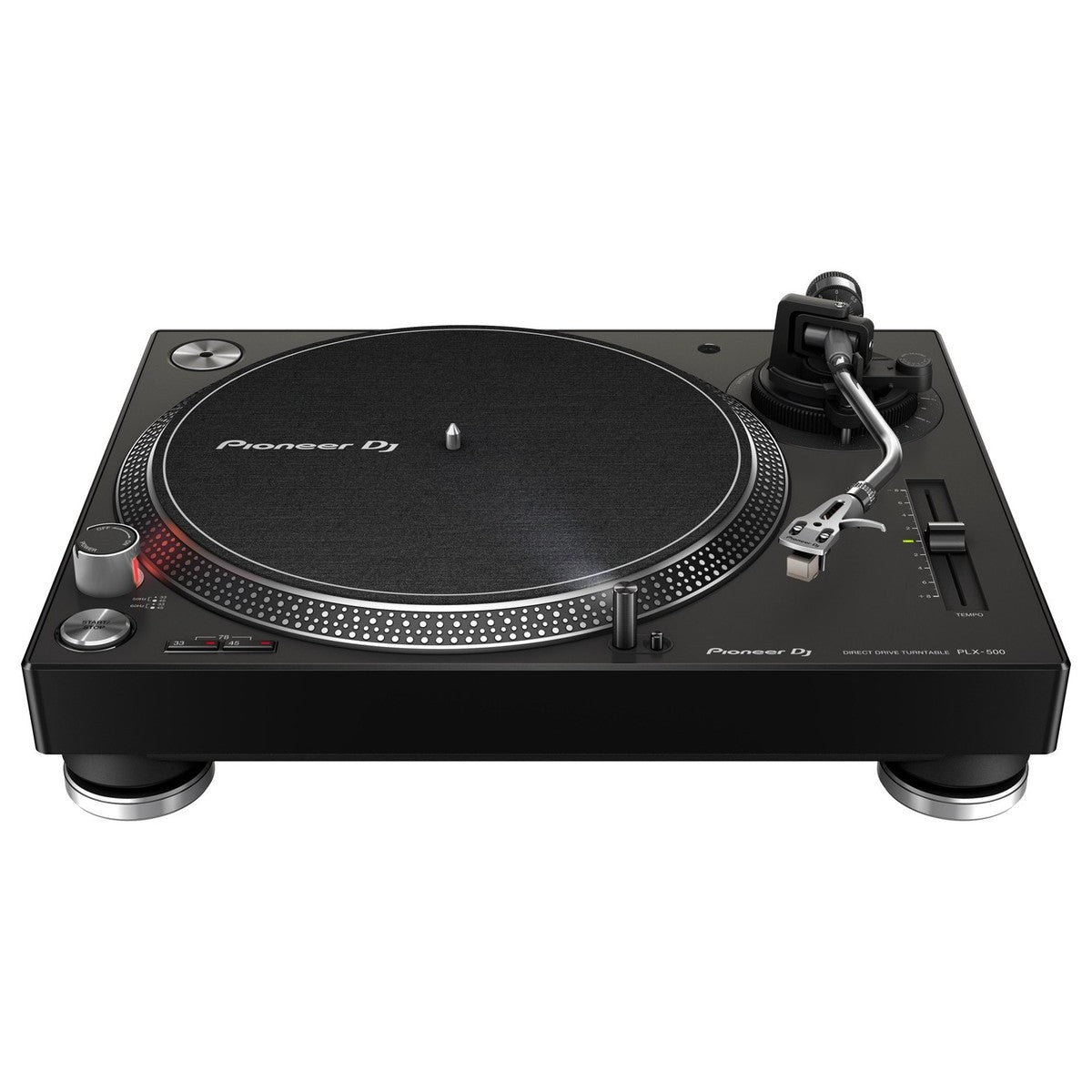 Pioneer DJ PLX-500 professional DJ turntable with tonearm and control buttons, black finish, designed for DJ mixing and scratching.