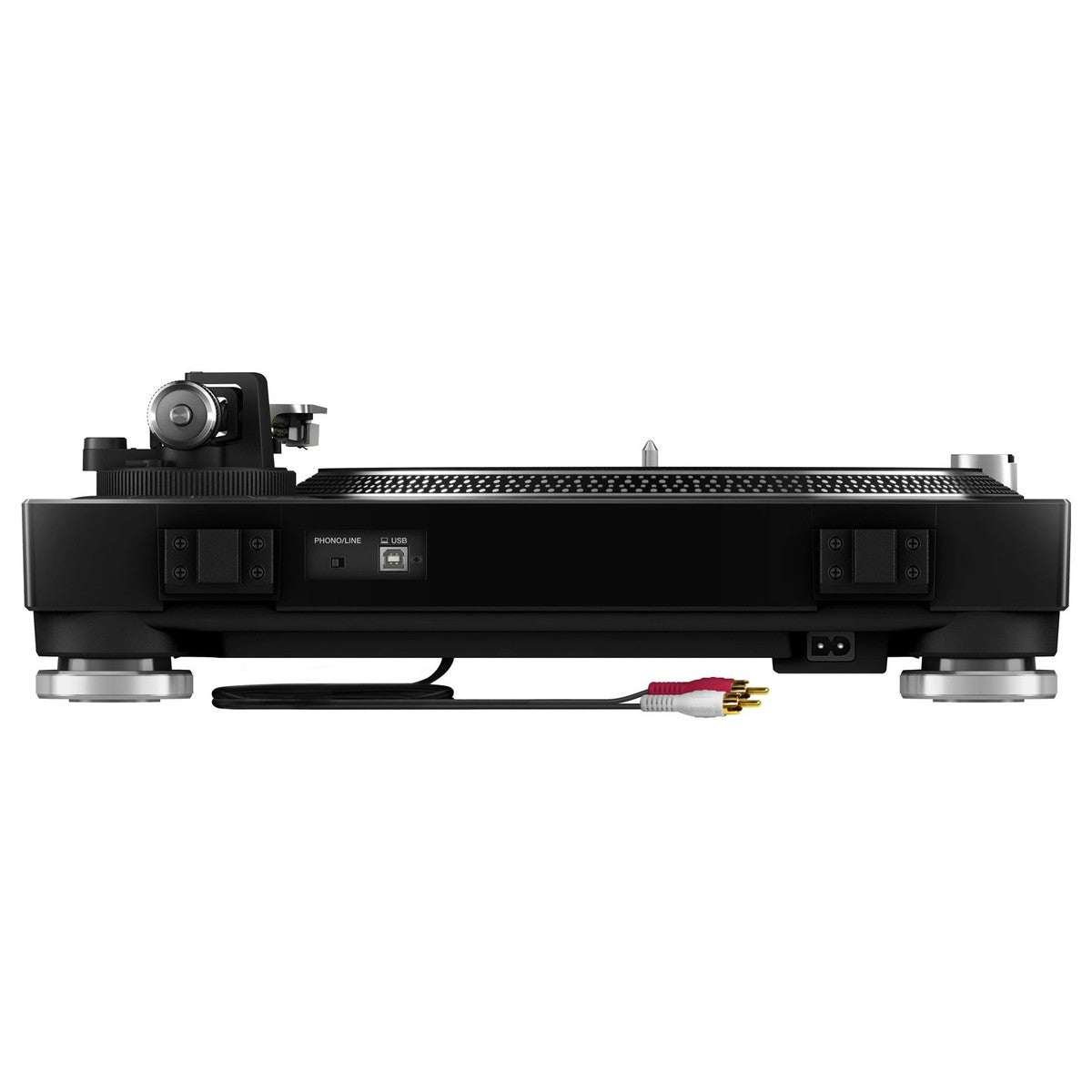 Pioneer DJ PLX-500 DJ turntable with black matte finish, adjustable tonearm, and control buttons on its sleek surface.