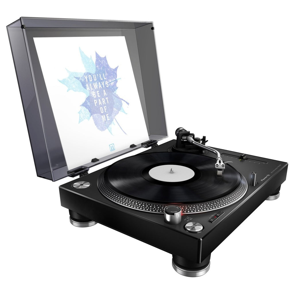 Pioneer DJ PLX-500 DJ turntable with adjustable pitch control and belt-drive system, shown from a side angle with a vinyl record.