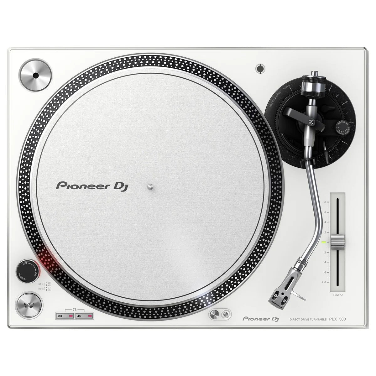 Pioneer DJ PLX-500 DJ turntable with slipmat and tonearm, featuring a sleek black finish and detailed control knobs.