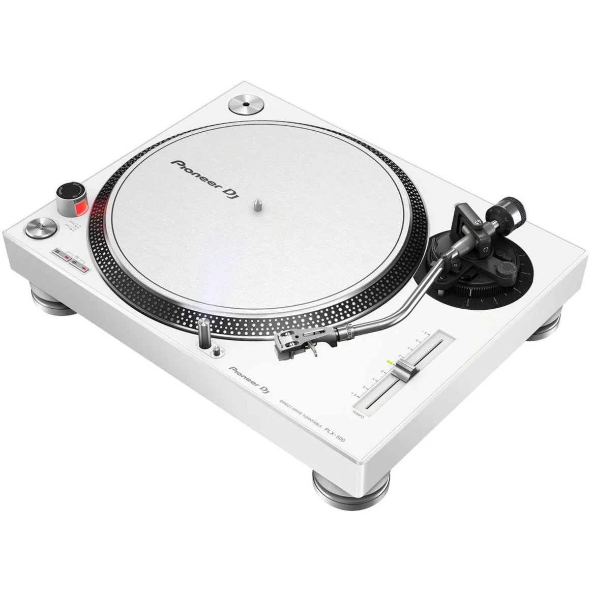 Pioneer DJ PLX-500 DJ turntable with slipmat and tonearm, showcasing its sleek black design and control features.