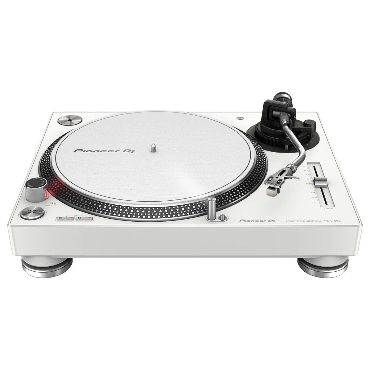 Pioneer DJ PLX-500 DJ turntable with a direct drive motor, vinyl record, and control buttons on a sleek black finish.