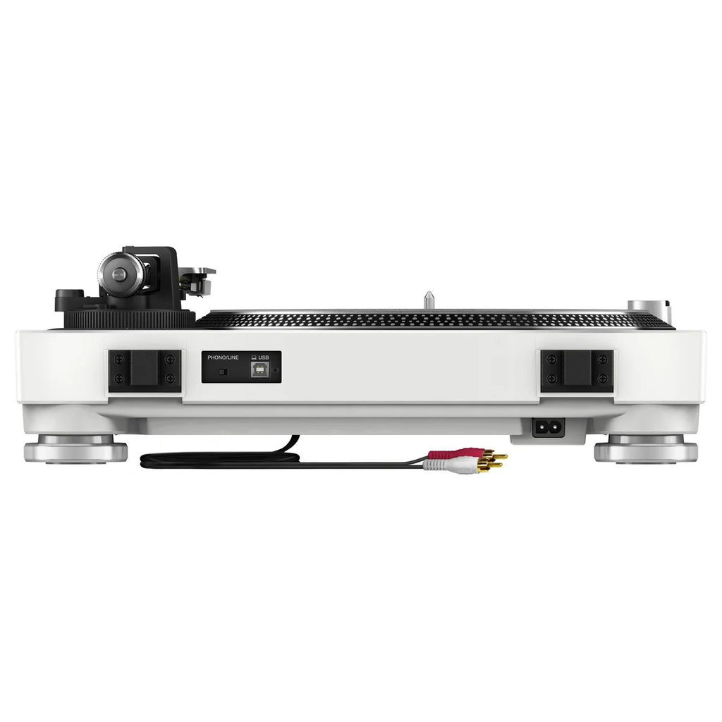 Pioneer DJ PLX-500 DJ turntable with a black platter and tonearm, showcasing its professional vinyl record player design.