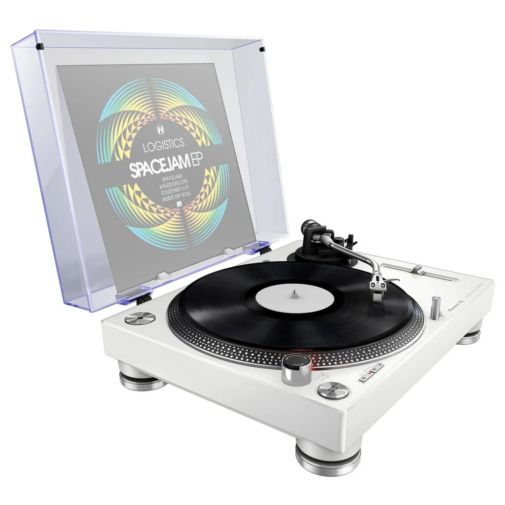 Pioneer DJ PLX-500 DJ turntable with pitch control and adjustable tonearm, black finish, and detailed control buttons.
