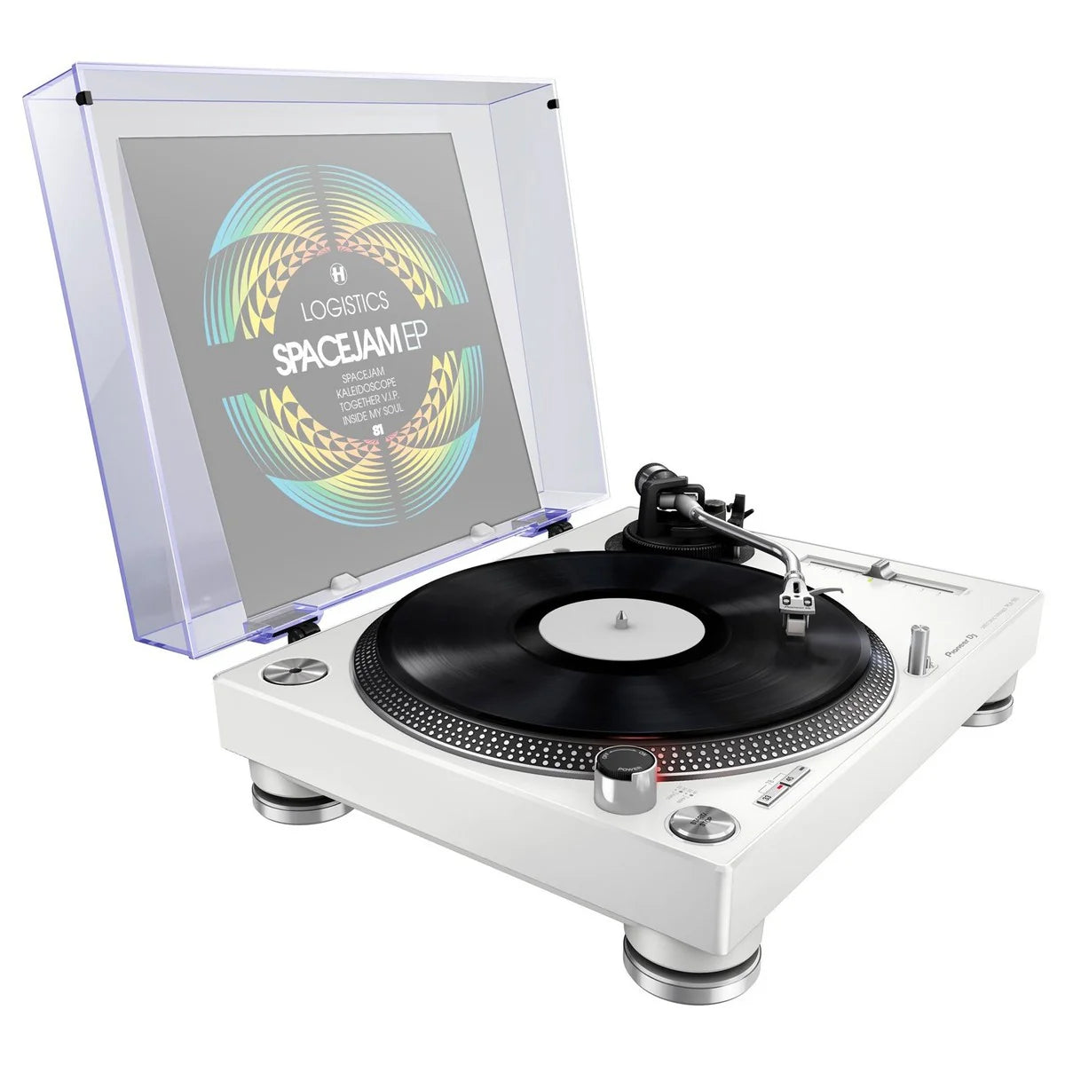 Pioneer DJ PLX-500 DJ turntable with pitch control and adjustable tonearm, black finish, and detailed control buttons.