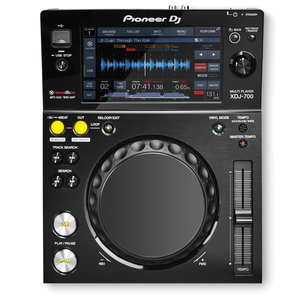 Pioneer DJ XDJ-700 DJ media player with jog wheel, display screen, and control buttons for professional DJ setup.