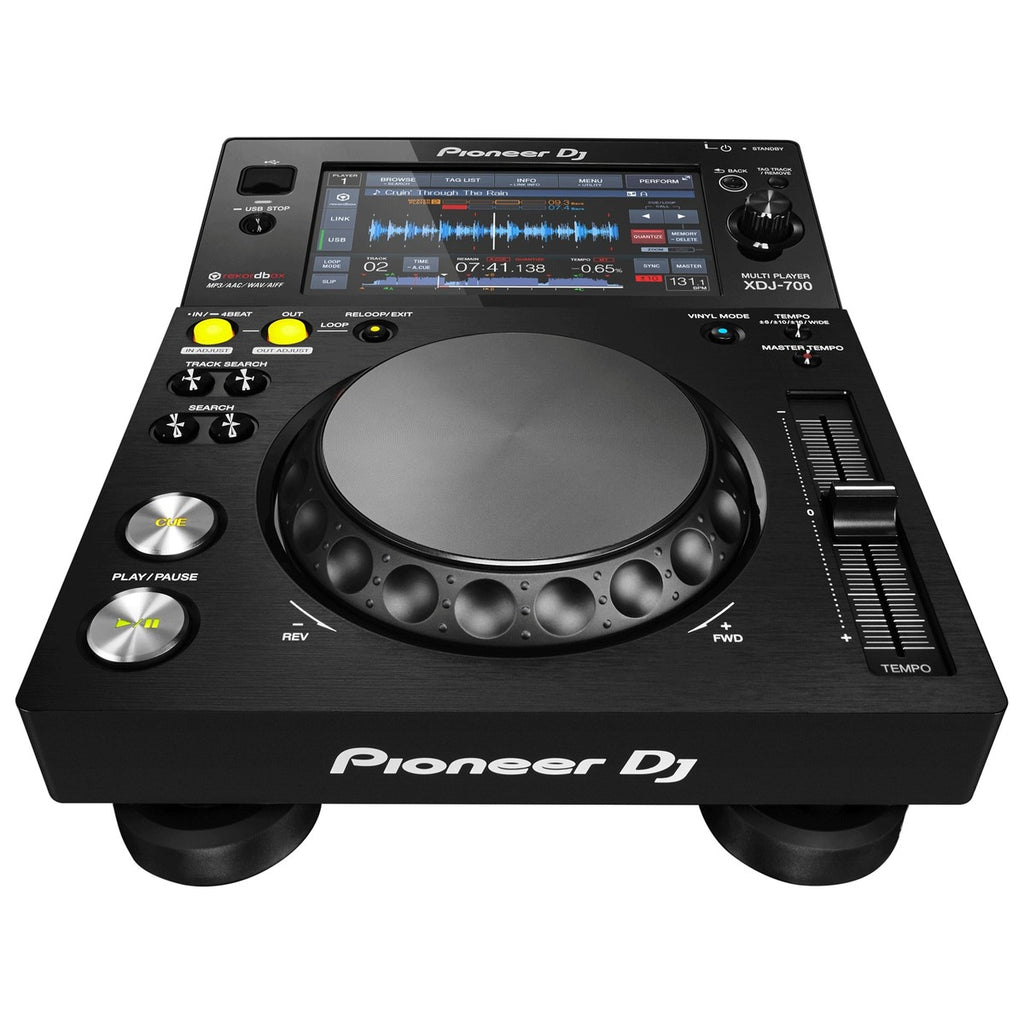 Pioneer DJ XDJ-700 DJ media player with jog wheel, touchscreen display, and control buttons for professional DJ setups.