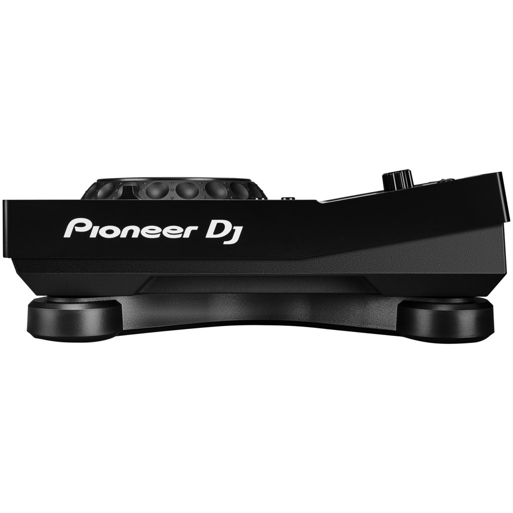 Pioneer DJ XDJ-700 DJ media player with jog wheel and control buttons, displaying digital interface for professional DJ setups