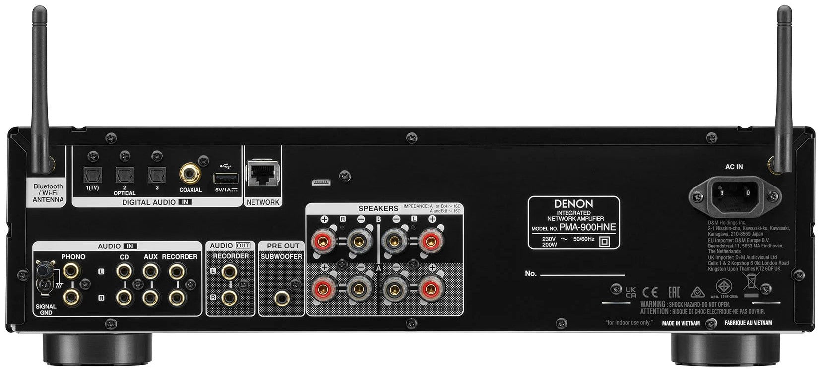 Denon PMA-900HNE stereo amplifier with multiple input options and sleek black finish, shown on a modern home audio setup.