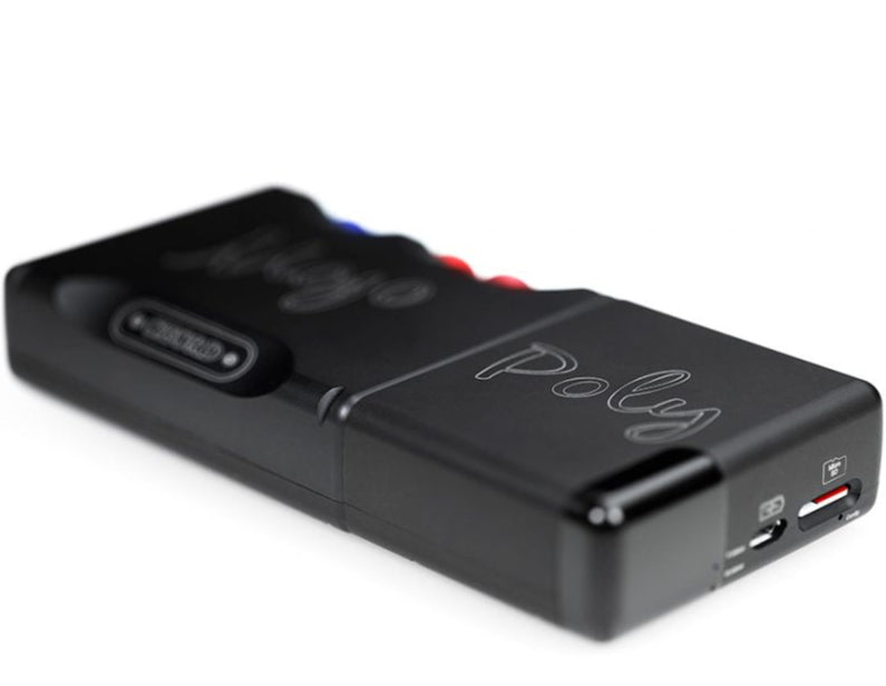 Chord Electronics Poly music streamer device with multiple digital and analog connections, featuring a sleek design and front display.