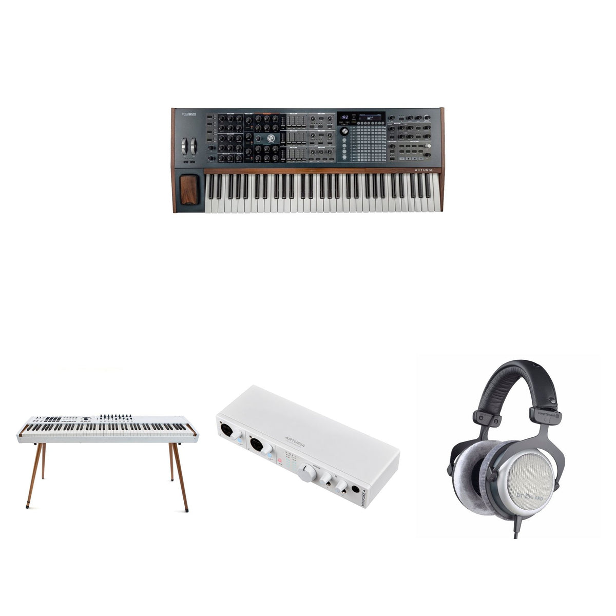 Arturia PolyBrute Reference Set collage showing multiple views of the PolyBrute keyboard bundle with knobs, keys, and control panel.