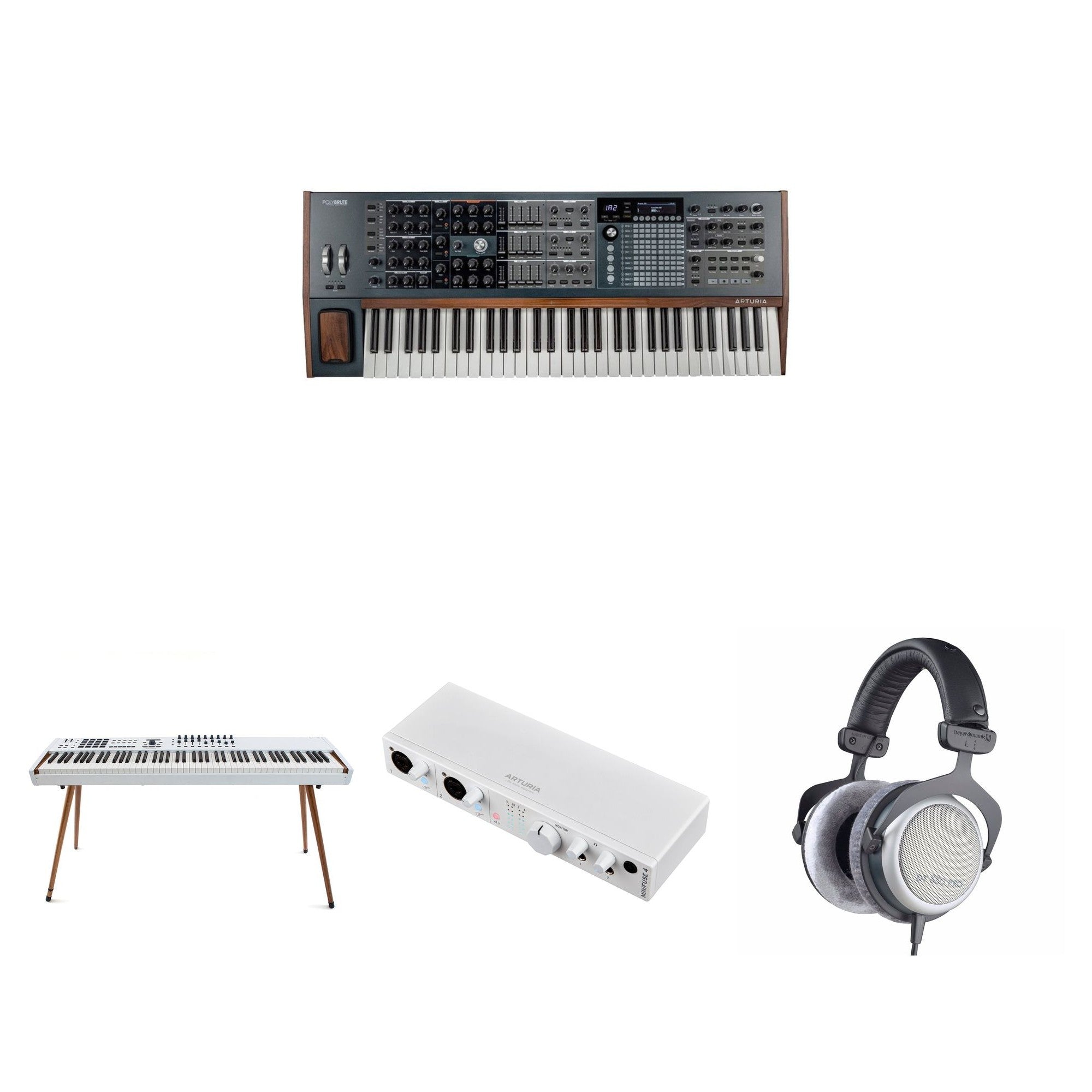 Arturia PolyBrute Reference Set collage showing multiple views of the PolyBrute keyboard bundle with knobs, keys, and control panel.