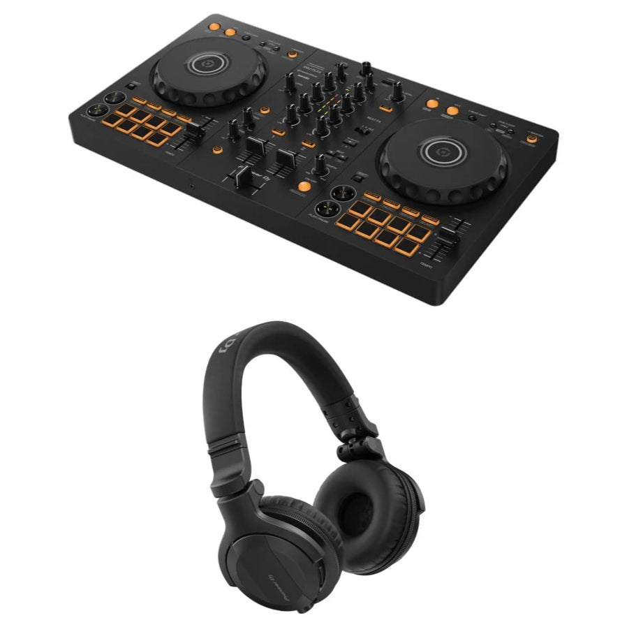 AlphaTheta Pioneer DDJ-FLX4 DJ controller bundle with Pioneer HDJ-CUE1 Bluetooth headphones, featuring controls and connectivity options.