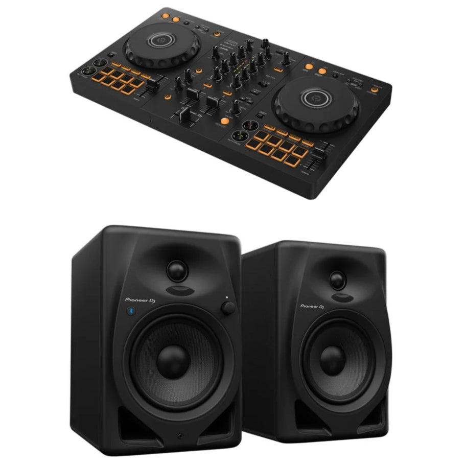 AlphaTheta Pioneer DDJ-FLX4 DJ controller and Pioneer DM-50D Bluetooth studio monitors in bundle, with controls and audio connections visible.