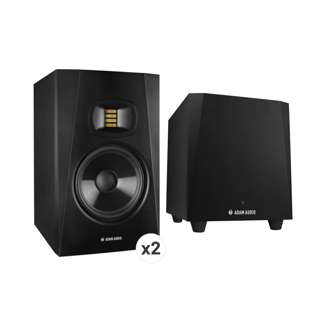 Adam Audio T7V and T10s studio monitor bundle with two high-quality speakers for professional audio mixing and production.