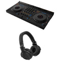 AlphaTheta DDJ-GRV6 DJ controller bundle with Pioneer HDJ-CUE1 Bluetooth headphones, featuring control knobs, jog wheels, and headphone design.