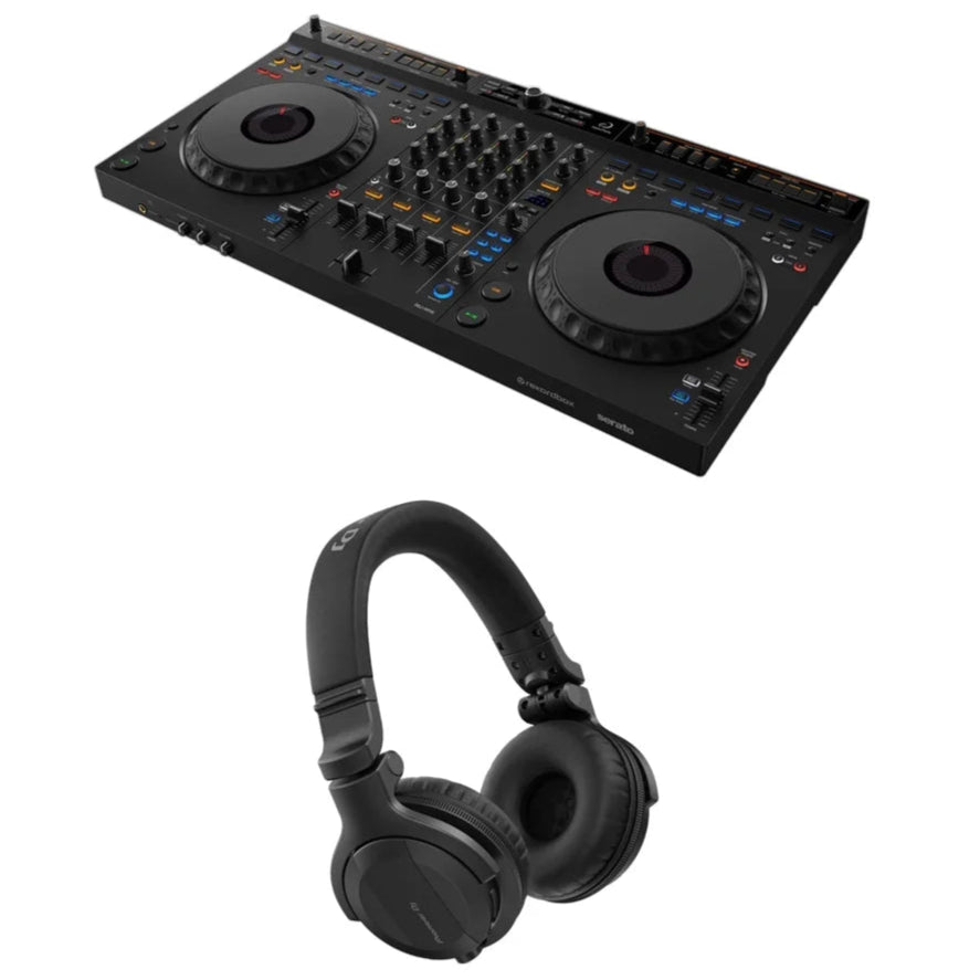 AlphaTheta DDJ-GRV6 DJ controller bundle with Pioneer HDJ-CUE1 Bluetooth headphones, featuring control knobs, jog wheels, and headphone design.