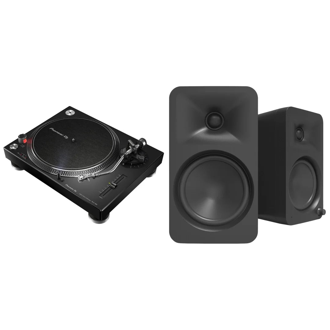 Soundium Pioneer PLX-500 turntable with Kanto Audio Ora 4 speakers in a bundle, showcasing the turntable and speaker setup.