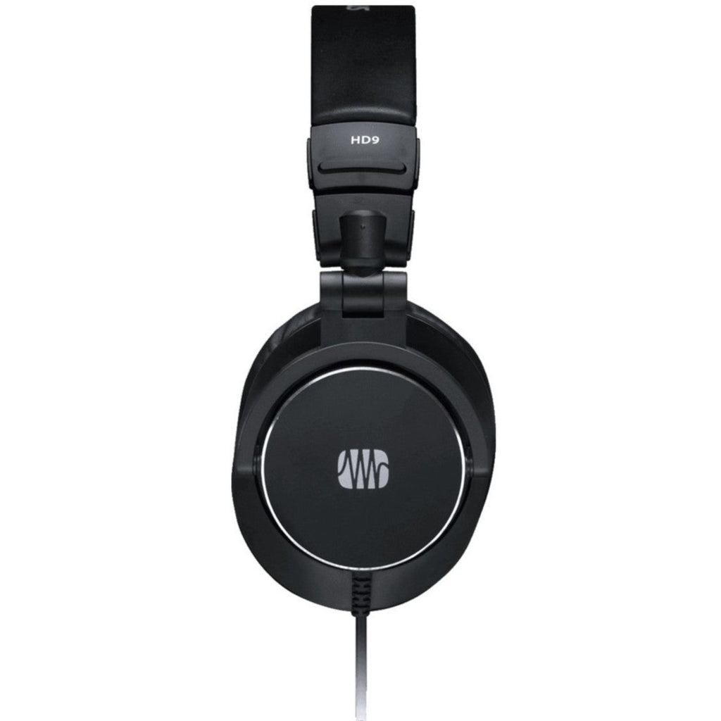 Presonus HD9 studio headphones with over-ear design and black finish, featuring padded ear cups for professional audio mixing.