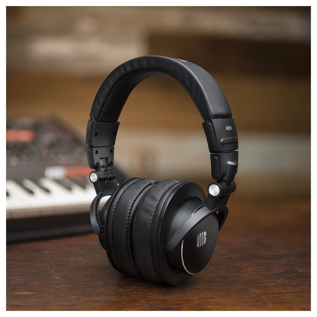 Presonus HD9 studio headphones with over-ear design, black color, and padded ear cups for professional audio monitoring.