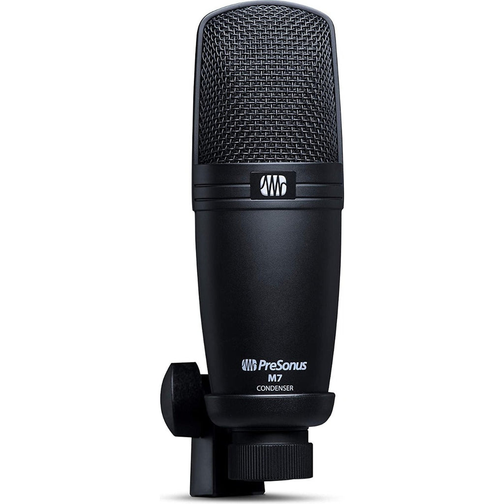 Presonus M7 MK2 condenser microphone with silver finish, detailed close-up showing the microphone's cylindrical body and branding.