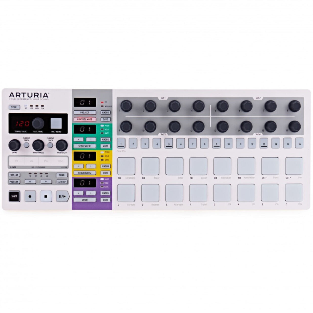 Arturia BeatStep Pro sequencer with multiple knobs and pads for music production and live performance.