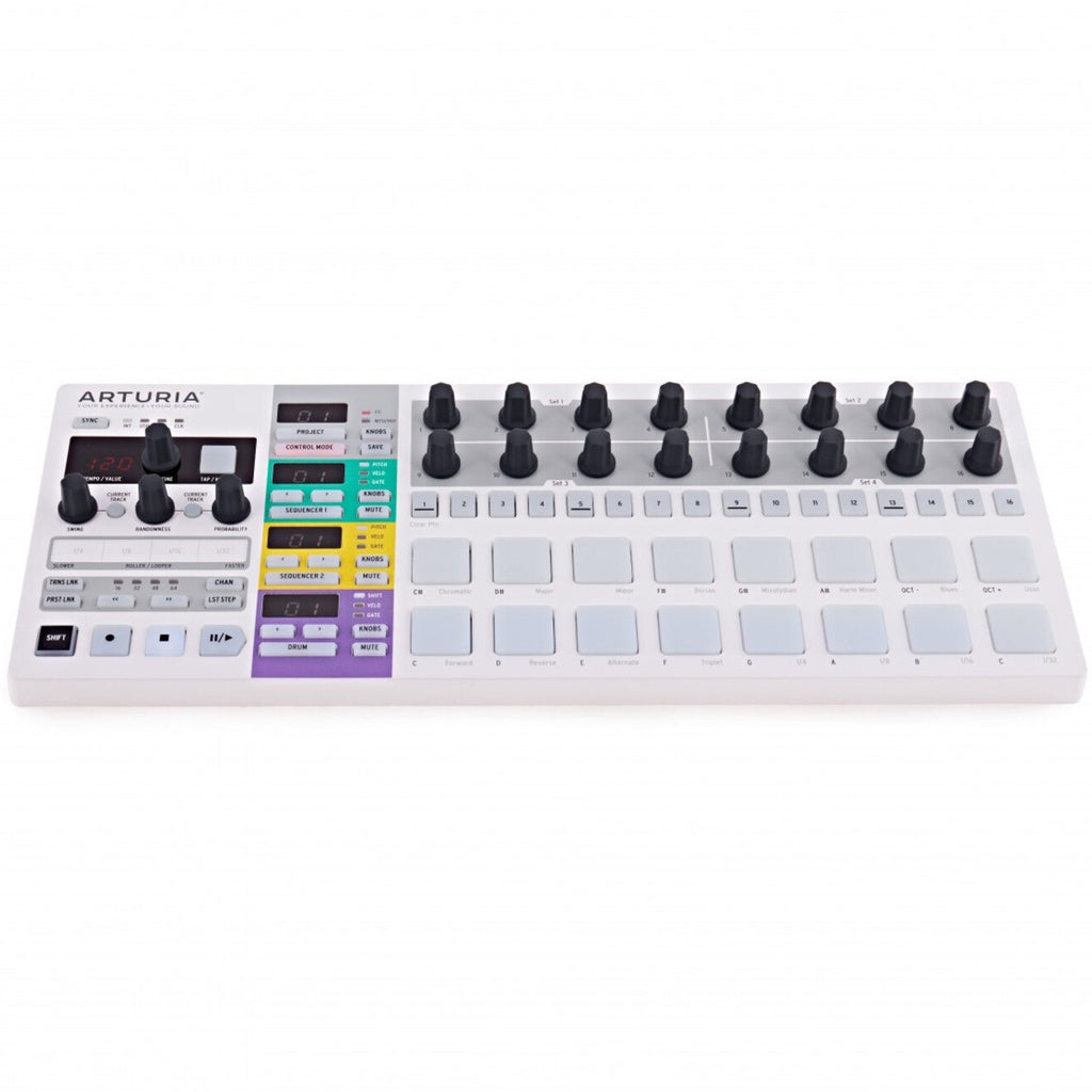 Arturia BeatStep Pro sequencer device with multiple control knobs and pads, designed for music production and live performance.