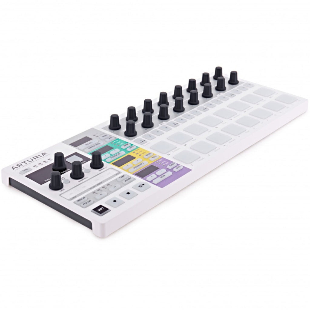 Arturia BeatStep Pro sequencer with multiple knobs and pads, showcasing its professional music production interface.