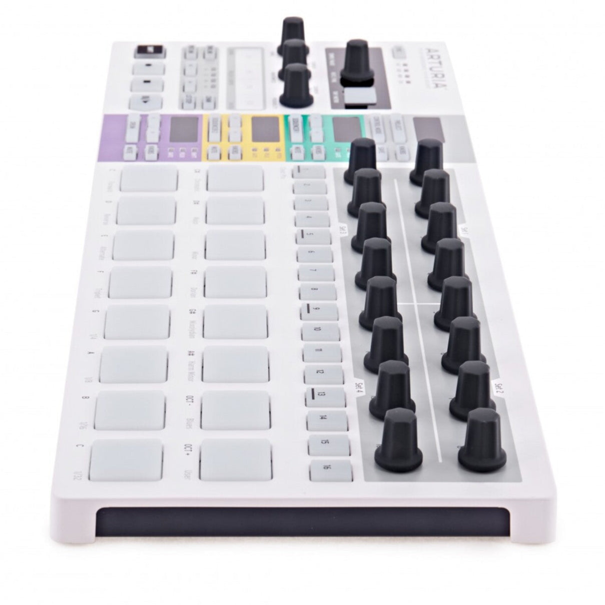 Arturia BeatStep Pro sequencer with multiple knobs, pads, and interface for music production and live performance.