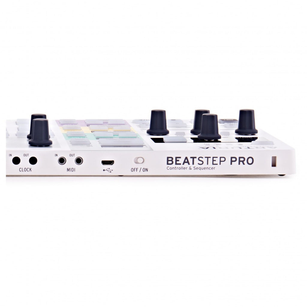 Arturia BeatStep Pro sequencer with multiple knobs and pads, showcasing its professional music production interface.