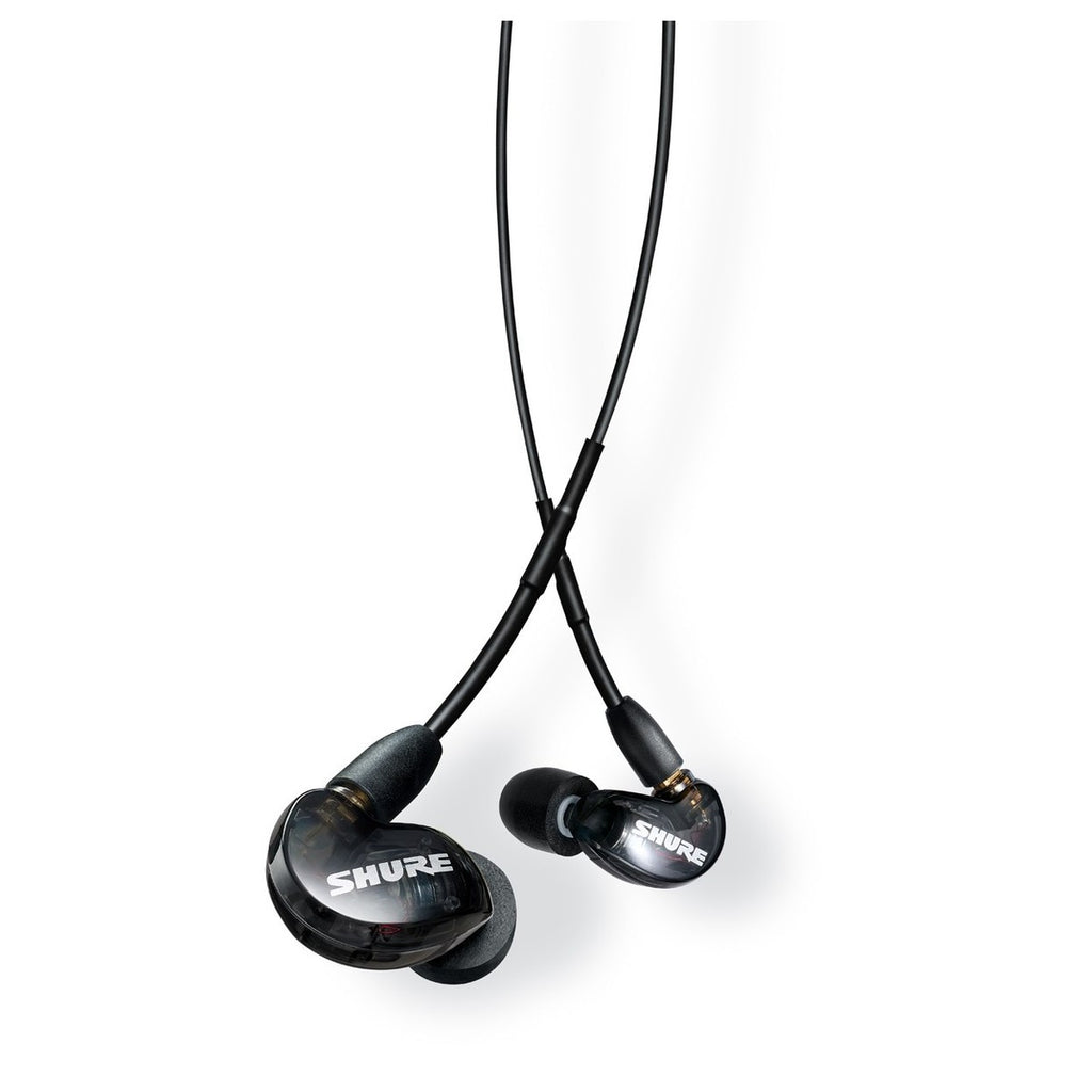 Shure SE215 wired in-ear headphones with clear sound, featuring black ear tips and a sleek design.