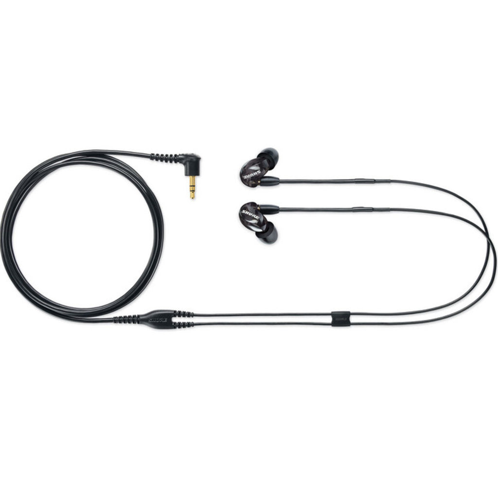 Shure SE215 wired in-ear headphones with clear sound and detachable cables, shown with black ear tips and sleek design.