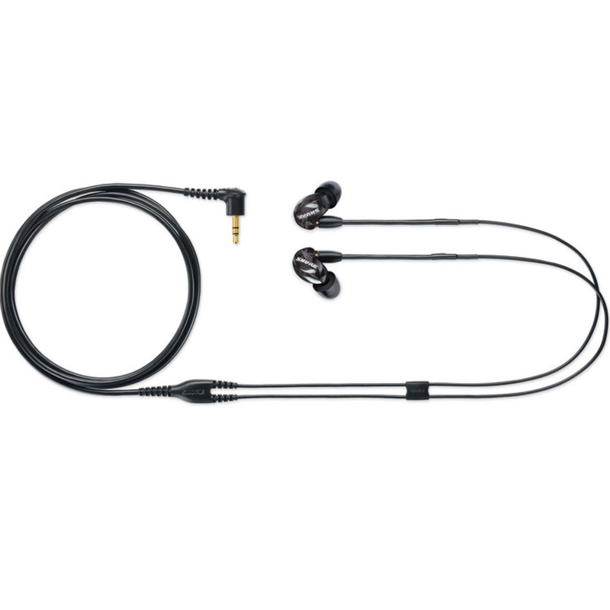 Shure SE215 wired in-ear headphones with clear sound and detachable cables, shown with black ear tips and sleek design.
