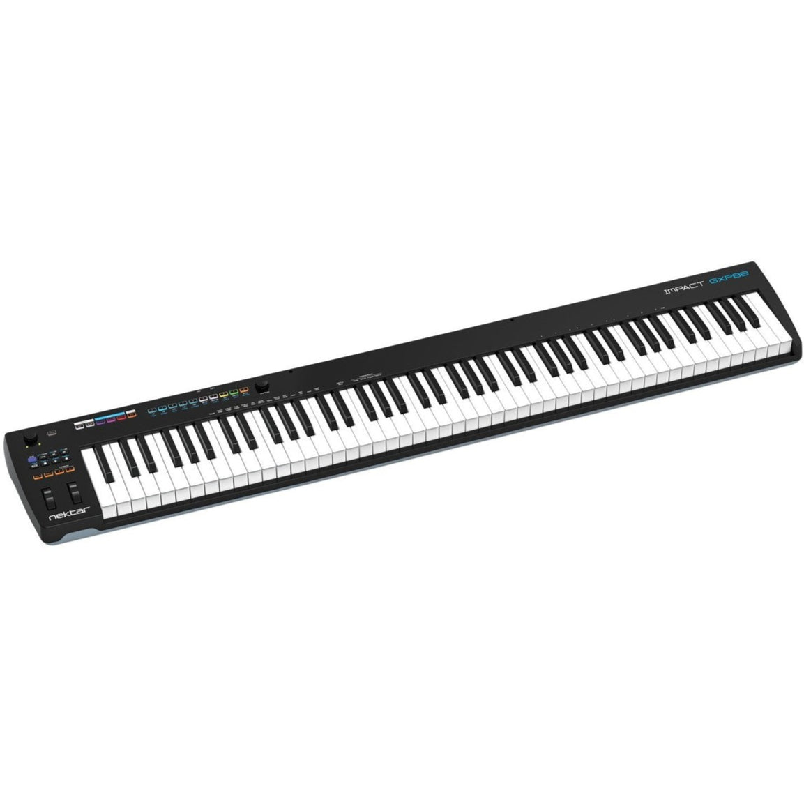 Nektar Impact GXP88 midi keyboard with 88 keys, control knobs, and pitch wheels, designed for music production and live performance.