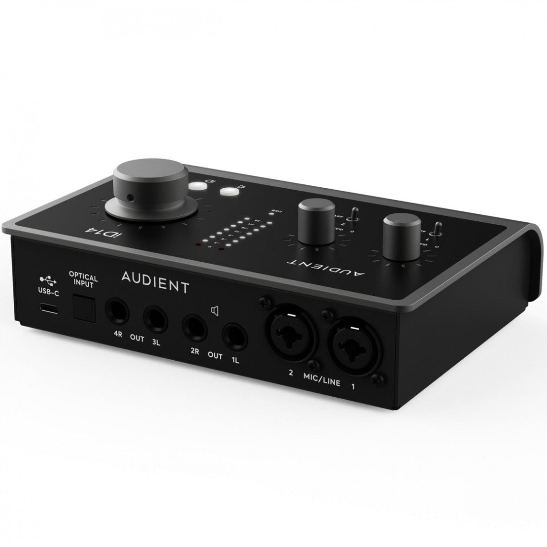 Audient iD14 MK2 audio interface with dual combo inputs, sleek design, and professional audio connectivity for music production.
