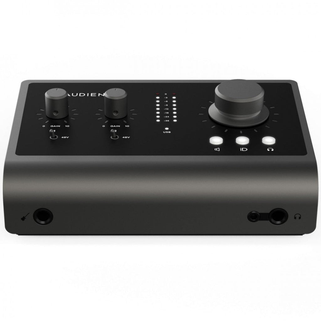 Audient iD14 MK2 audio interface with dual combo inputs, large volume knob, and professional audio controls on a sleek black surface.