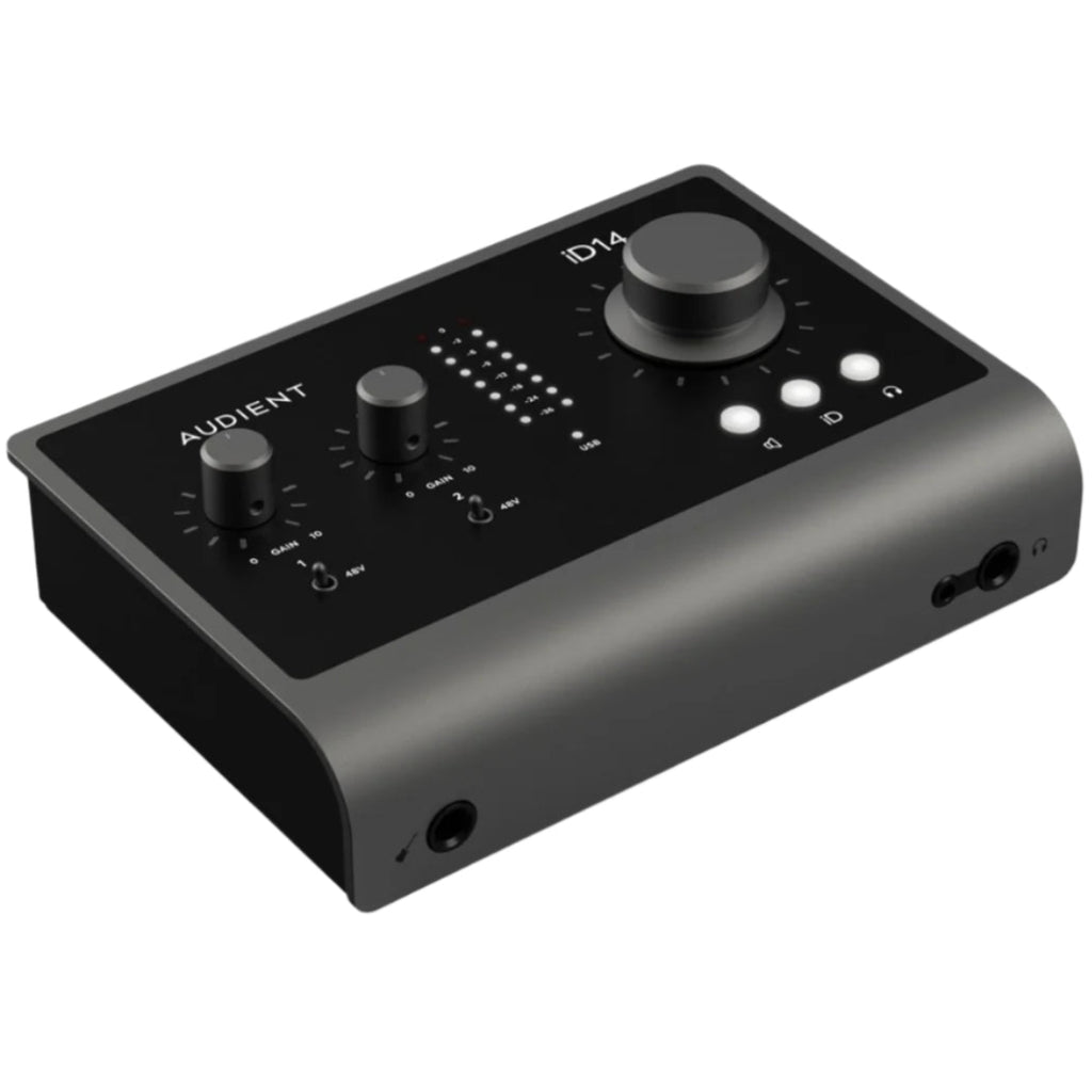 Audient iD14 MK2 audio interface with dual combo inputs, knobs, and LED display showing professional audio equipment.