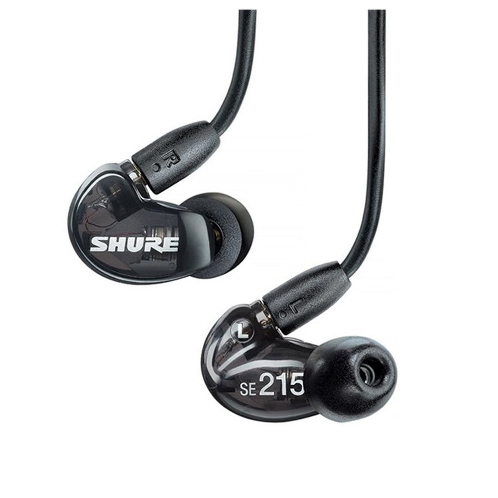 Shure SE215 wired in-ear headphones with clear silicone ear tips and detachable cable for comfortable listening.