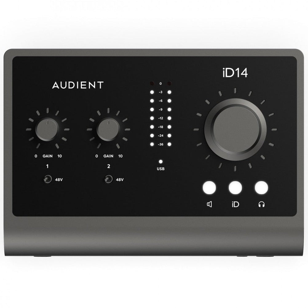Audient iD14 MK2 audio interface with dual combo inputs, knobs, and LED indicators, shown on a desk setup.
