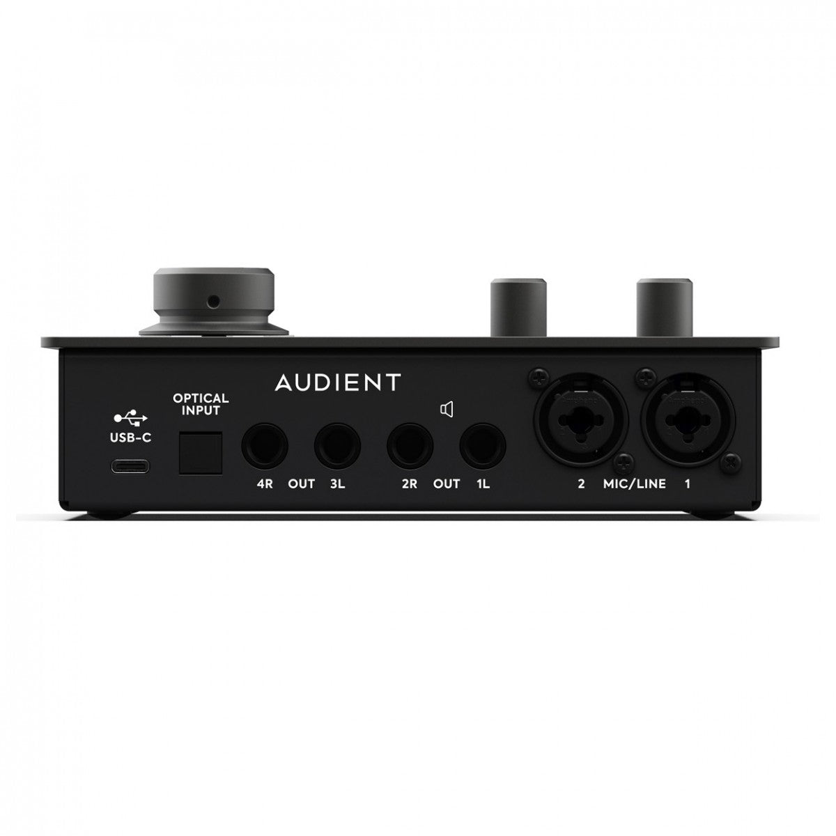 Audient iD14 MK2 audio interface with dual combo inputs, USB connection, and front panel controls, shown on a desk setup.