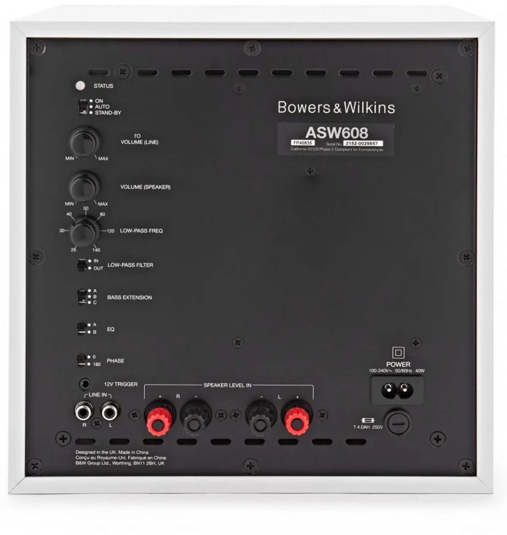 Bowers & Wilkins ASW608 subwoofer with black finish and compact design, showcasing the front grille and control panel.